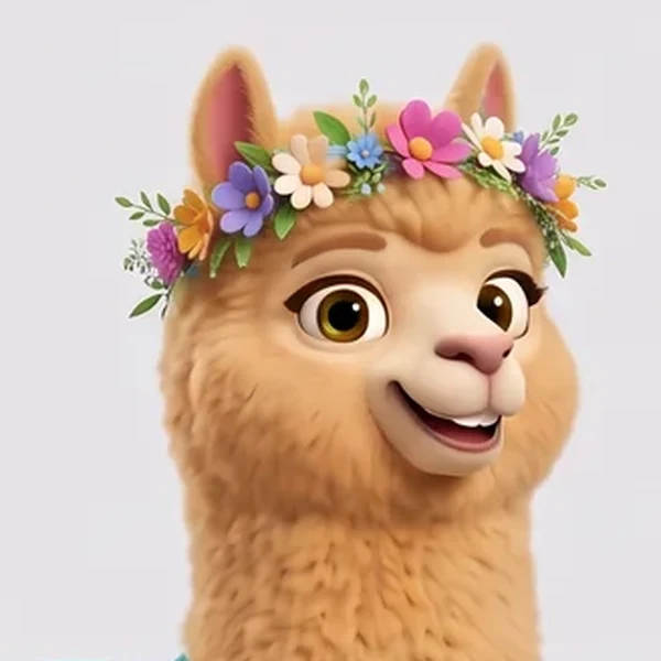 Chaska, a honey-tan alpaca wearing a flower crown