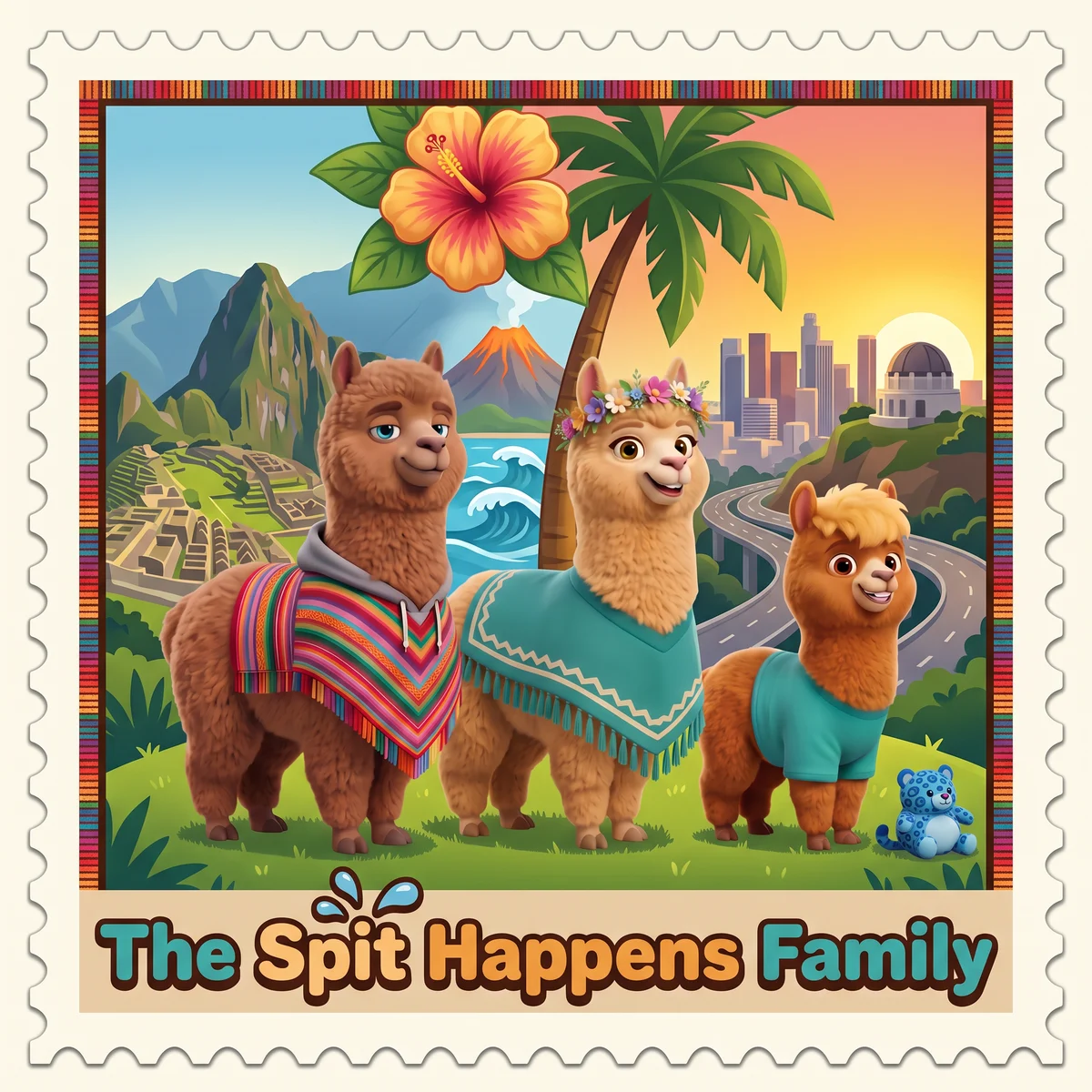The Spit Happens Family: Alpapa, Chaska and Kinche on a travel postage stamp